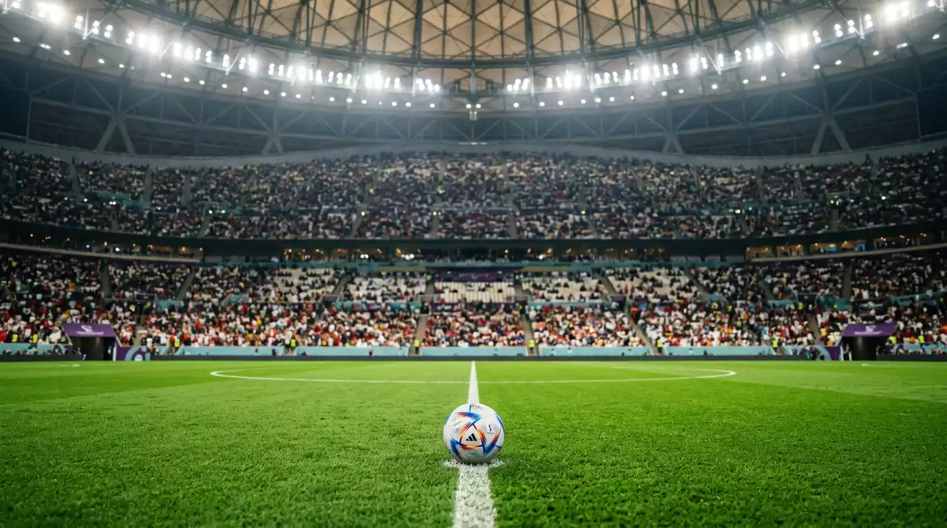 Editorial-Sportfoto einer stimmungsvollen, hell beleuchteten Stadionszene in einer überdachten Arena vor dem Anpfiff eines WM-Achtelfinals, ohne Logos oder Flaggen