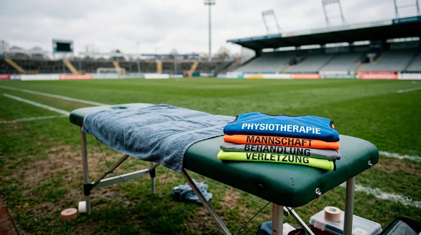 Editorial-Foto einer leeren Physiotherapie-Liege und gefalteter Trainingswesten am Spielfeldrand eines Stadions