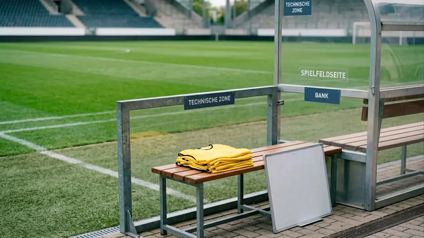 Editorial-Nahaufnahme eines leeren Trainerbereichs und einer Taktiktafel in einem Stadion vor einem Fußballspiel