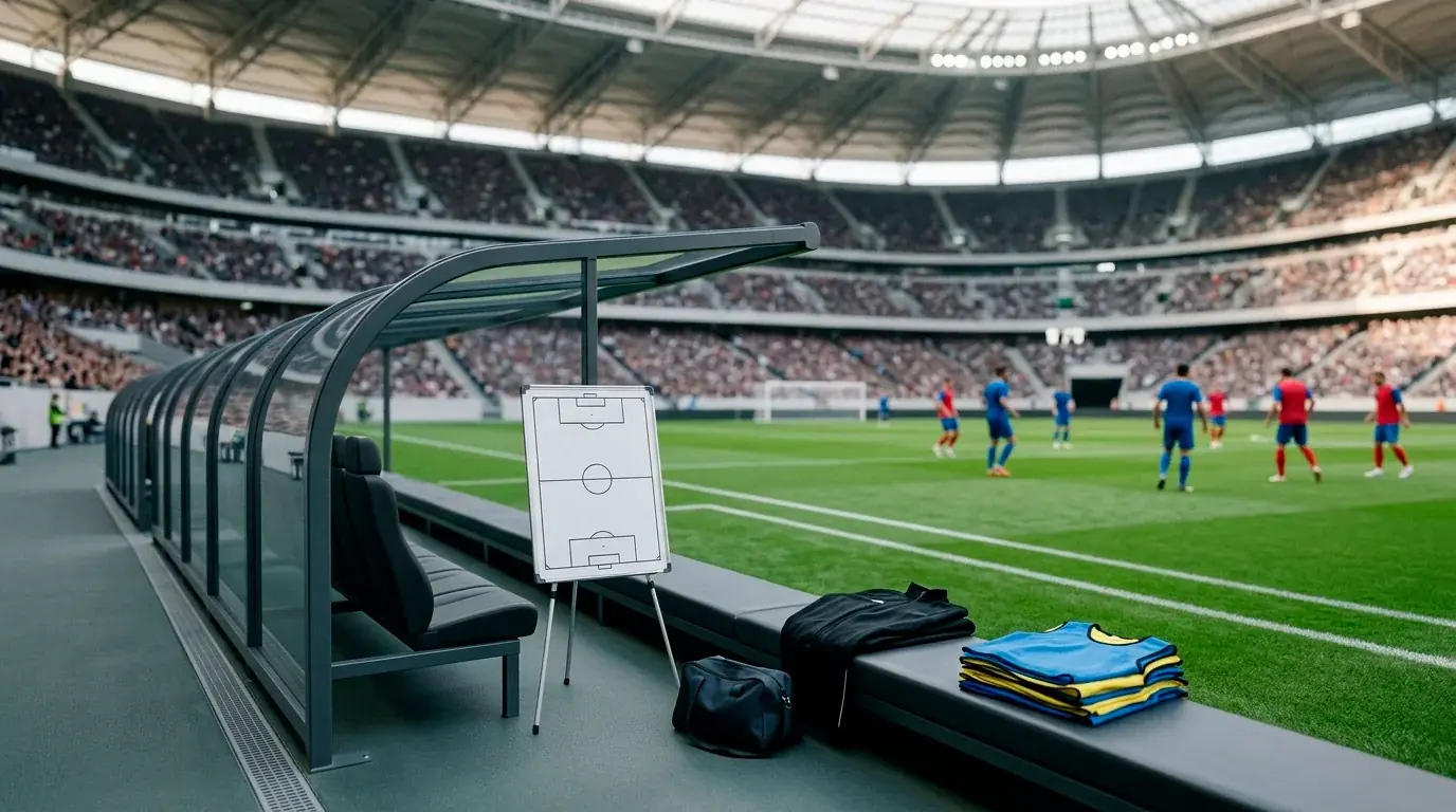 Editorial-Nahaufnahme eines leeren Trainerbereichs und einer Taktiktafel in einem überdachten Stadion vor einem Fußballspiel