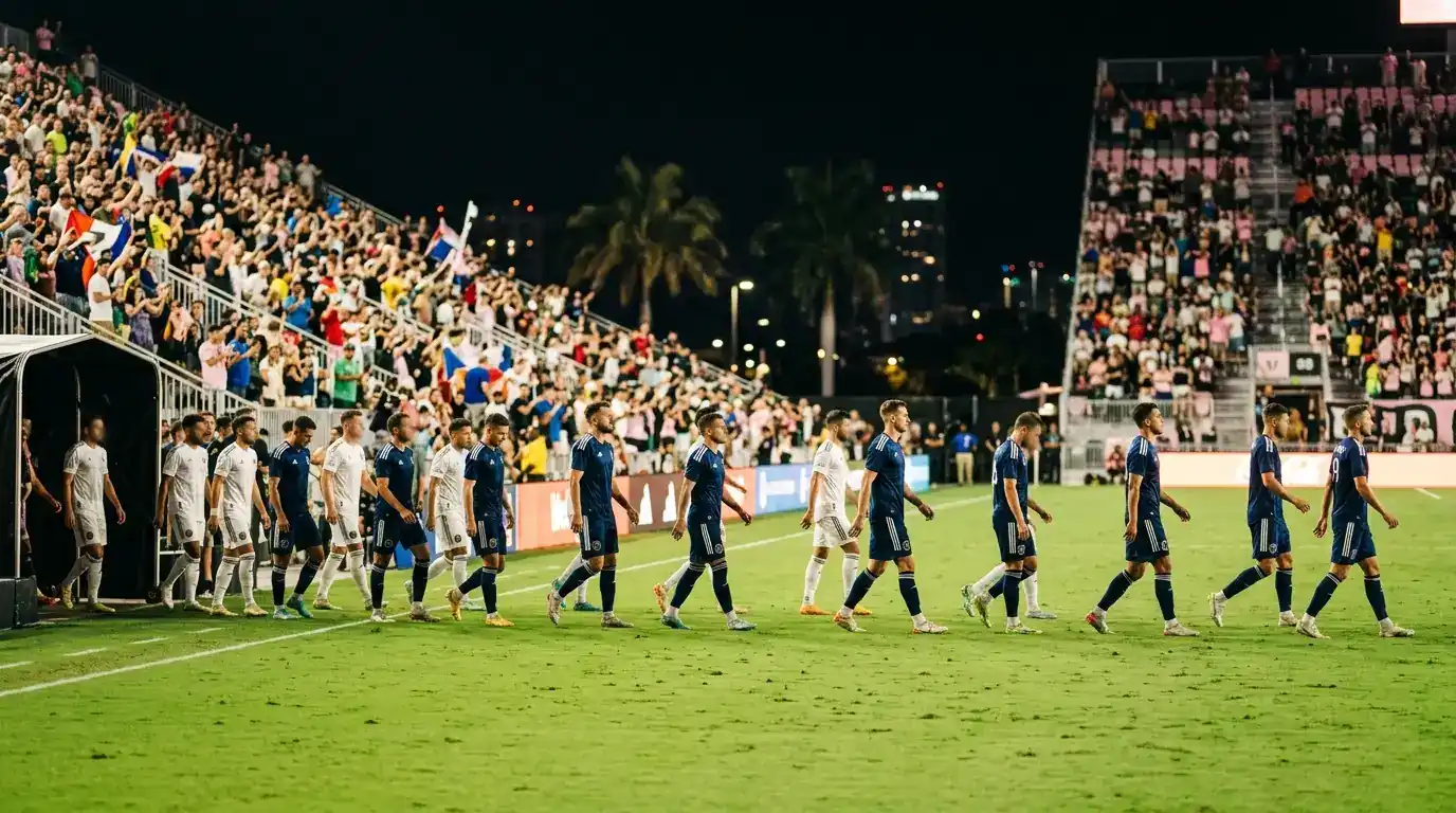 Editorial-Sportfoto zweier Mannschaften beim Einlaufen in ein warmes, flutlichtbeleuchtetes Stadion in Miami, Palmen im Hintergrund, ohne Logos, Flaggen oder erkennbare Buchstaben