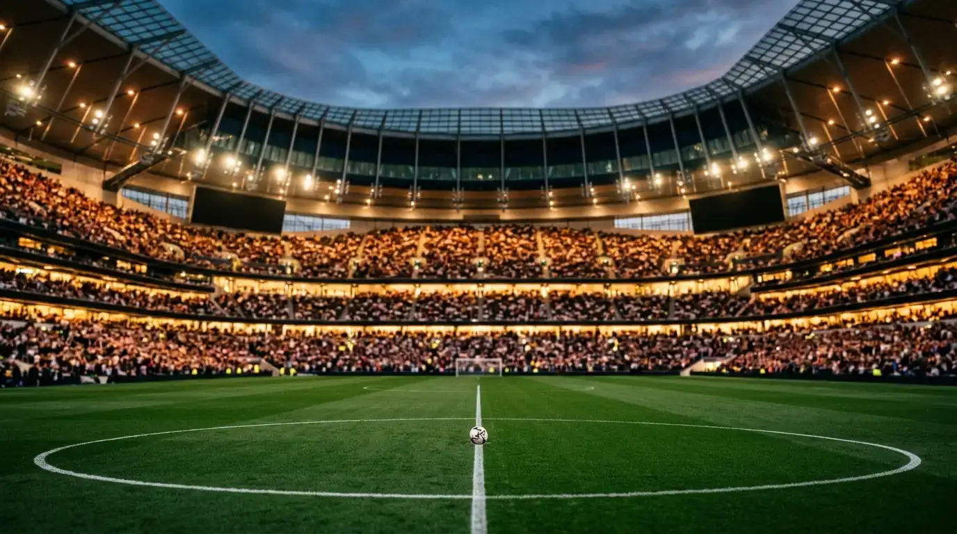 Editorial-Sportfoto eines Fußballstadions bei warmem Abendlicht mit Fokus auf das Spielfeld und unscharfem jubelndem Publikum im Hintergrund, ohne Logos, Flaggen oder erkennbare Buchstaben