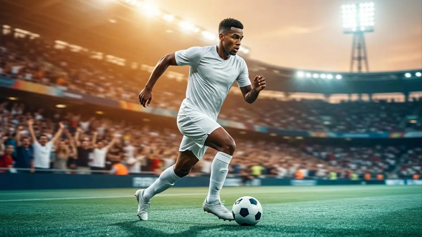 Editorial-Sportfoto eines schnellen Angreifers in schlichtem Trikot ohne Logos, der bei Flutlicht in einem offenen Stadion mit dem Ball am Fuß sprintet