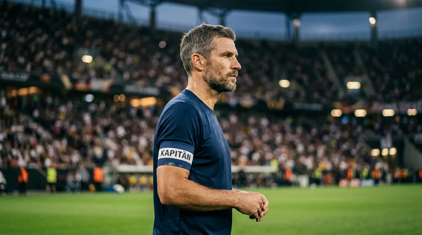 Editorial-Nahaufnahme eines Spielführers mit Kapitänsbinde in einem schlichten Trikot ohne Logos, konzentriert vor dem Anpfiff in einem Flutlichtstadion