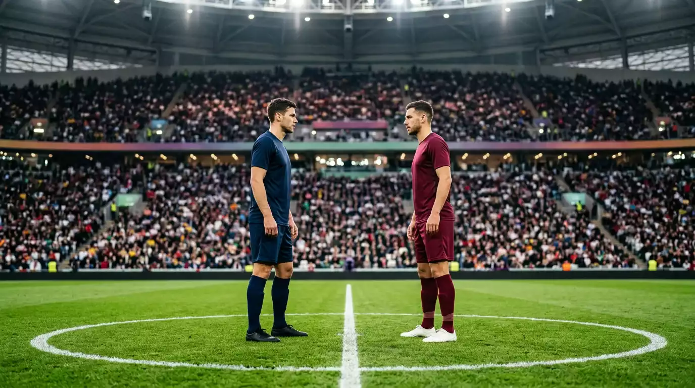 Editorial-Sportfoto zweier Fußballspieler in schlichten Trikots ohne Logos, die sich vor dem Anpfiff bei Flutlicht in einem modernen überdachten Stadion gegenüberstehen