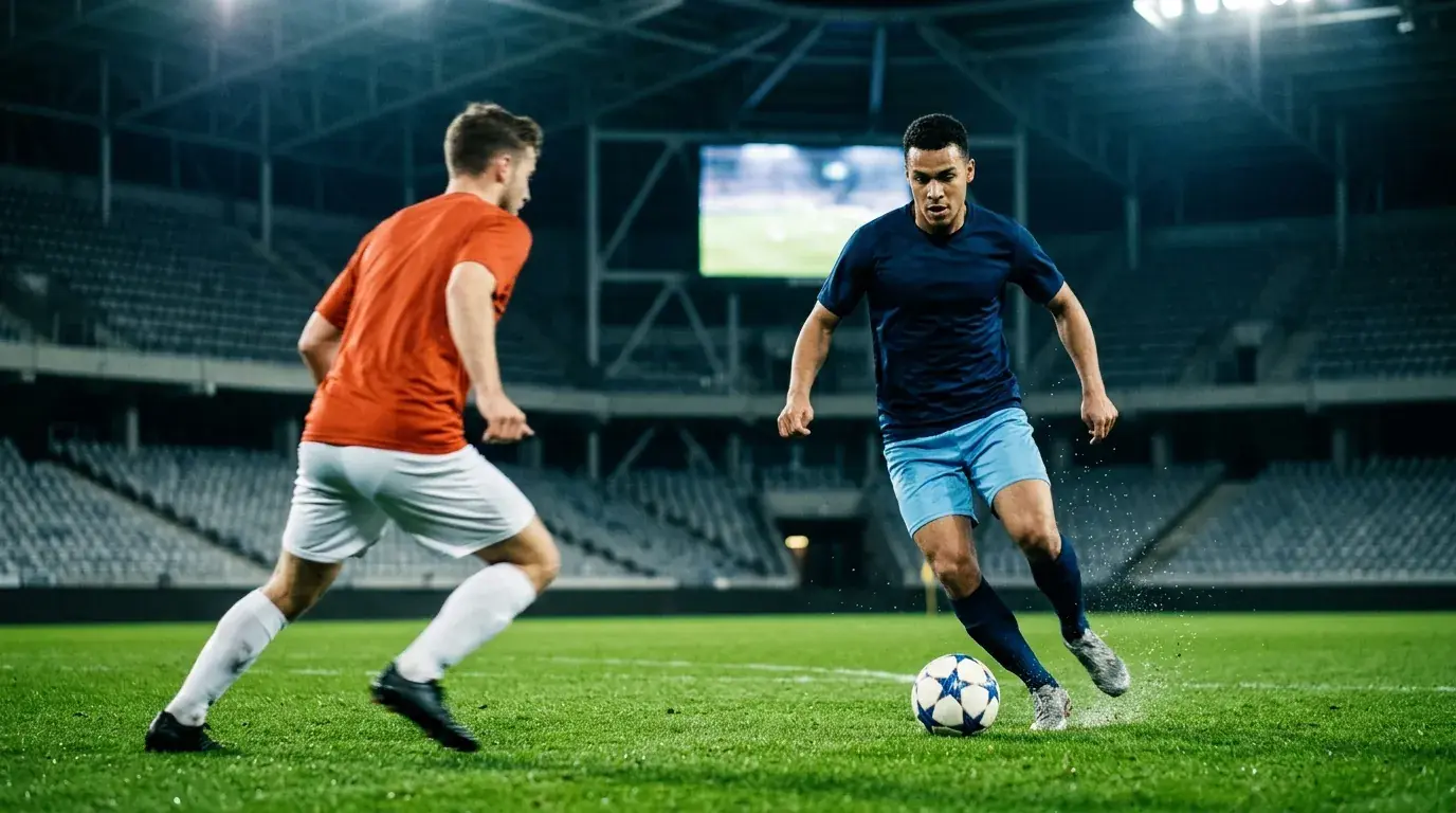 Editorial-Nahaufnahme eines dribbelnden Fußballspielers in schlichtem Trikot ohne Logos, flankt von einem Verteidiger in einem ebenfalls schlichten Trikot auf einem hell beleuchteten Rasen