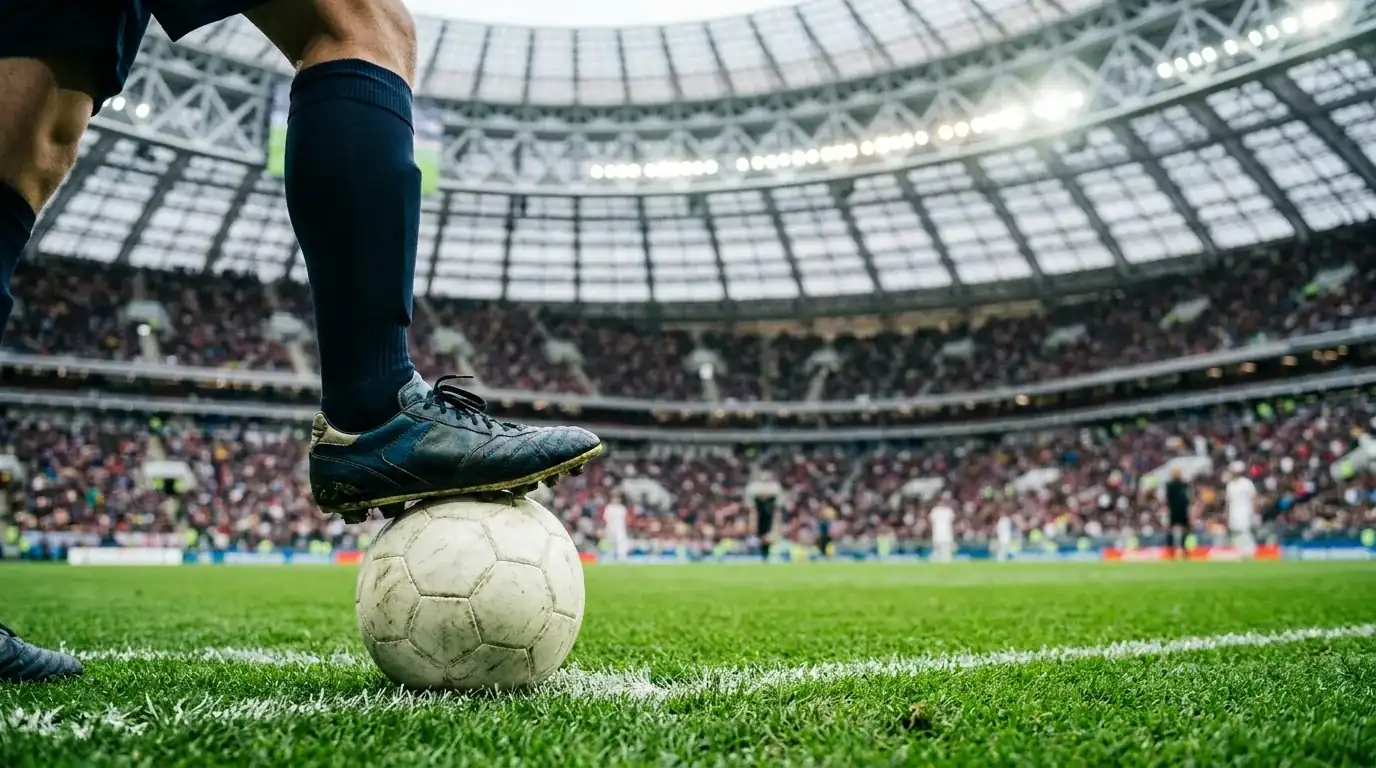 Editorial-Nahaufnahme eines Fußballschuhs am Ball auf kurz geschnittenem Rasen in einem hell beleuchteten, überdachten Stadion vor einem Spiel