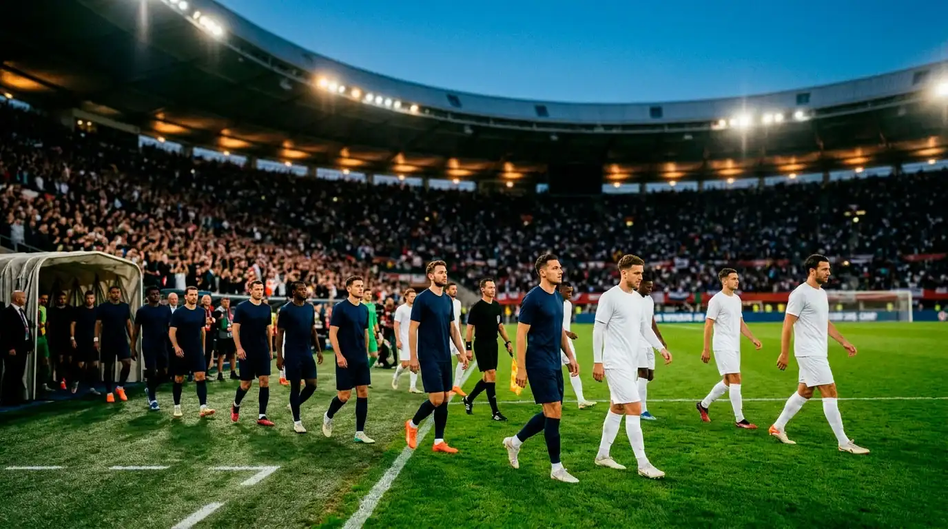 Editorial-Sportfoto von Spielern in schlichten Trikots beim Einlaufen in ein offenes, abendlich beleuchtetes Stadion vor einem K.-o.-Spiel der WM 2026