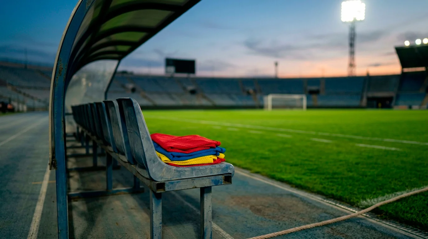 Editorial-Foto einer leeren Ersatzbank und gefalteter Trainingswesten am Rand eines offenen Stadions in der Abenddämmerung