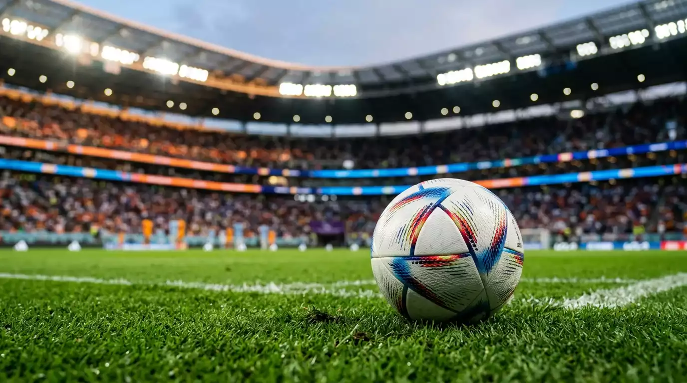 Editorial-Nahaufnahme eines Fußballs auf dem Rasen eines hell beleuchteten Stadions, im Hintergrund eine unscharfe Tribüne, ohne lesbare Zahlen oder Logos