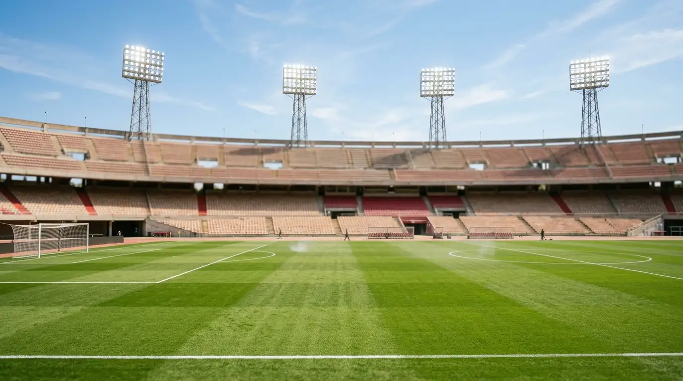 Editorial-Sportfoto eines Fußballstadions bei Tag mit gleißendem Flutlicht, einem scharfen Rasen im Vordergrund und weichen Tribünen-Schatten im Hintergrund, ohne Logos, Flaggen oder Trikotschrift