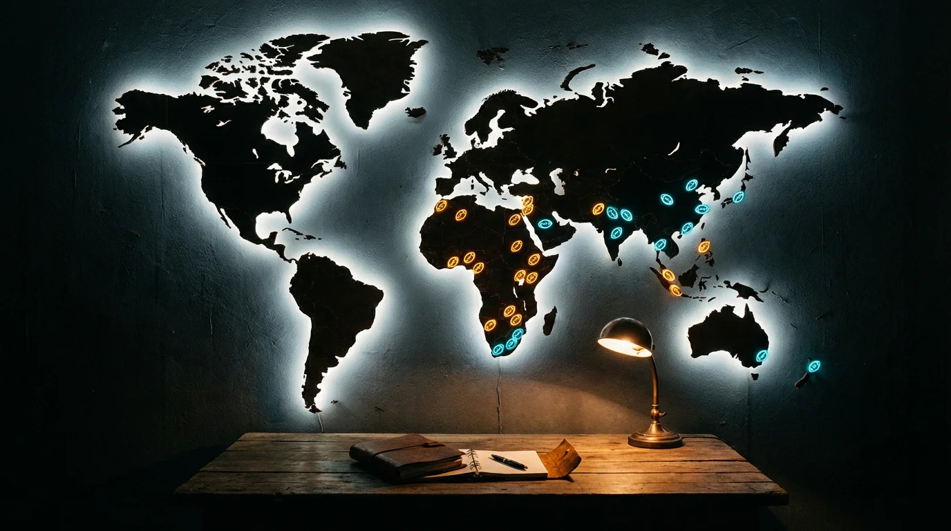 Weltkarte mit allen WM-2026-Teilnehmern aus Afrika, Asien und Ozeanien und ihren Gruppenauslosungen