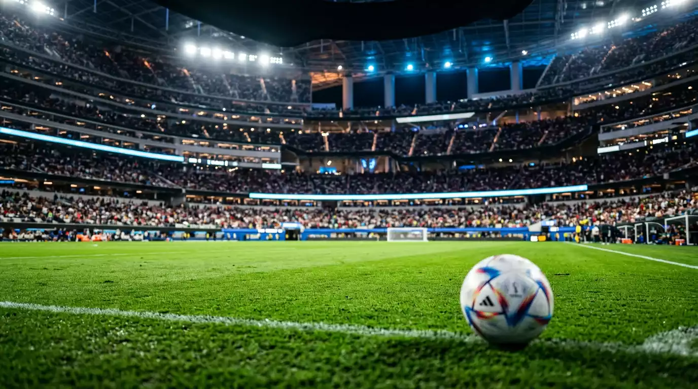 Editorial-Sportfoto eines hell erleuchteten Stadions bei Nacht mit einem Fußball im Vordergrund, das die offene K.-o.-Phase der WM 2026 symbolisiert, ohne Logos oder Flaggen