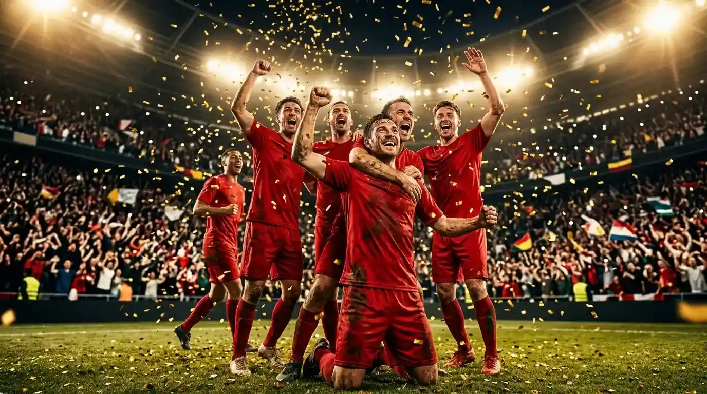 Editorial-Sportfoto eines vollen, flutlichtbeleuchteten Stadions unmittelbar nach dem Schlusspfiff eines WM-Finales, jubelnde Spieler in roten Trikots, goldenes Konfetti in der Luft, ohne Logos, Flaggen oder erkennbare Buchstaben