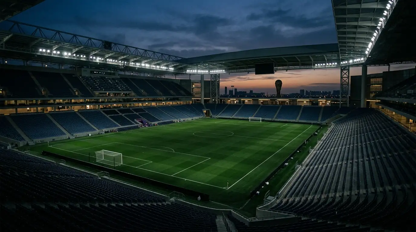 Editorial-Sportfoto eines leeren, flutlichtbeleuchteten Fußballstadions in der Dämmerung, WM-Pokal am Horizont, ohne Logos, Flaggen oder erkennbare Buchstaben