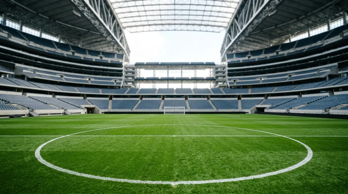 Editorial-Sportfoto eines leeren NFL-Stadions bei Tag mit Fokus auf dem Anstoß-Punkt im Mittelkreis und unscharfen Tribünen-Schatten im Hintergrund, ohne Logos, Flaggen oder erkennbare Buchstaben