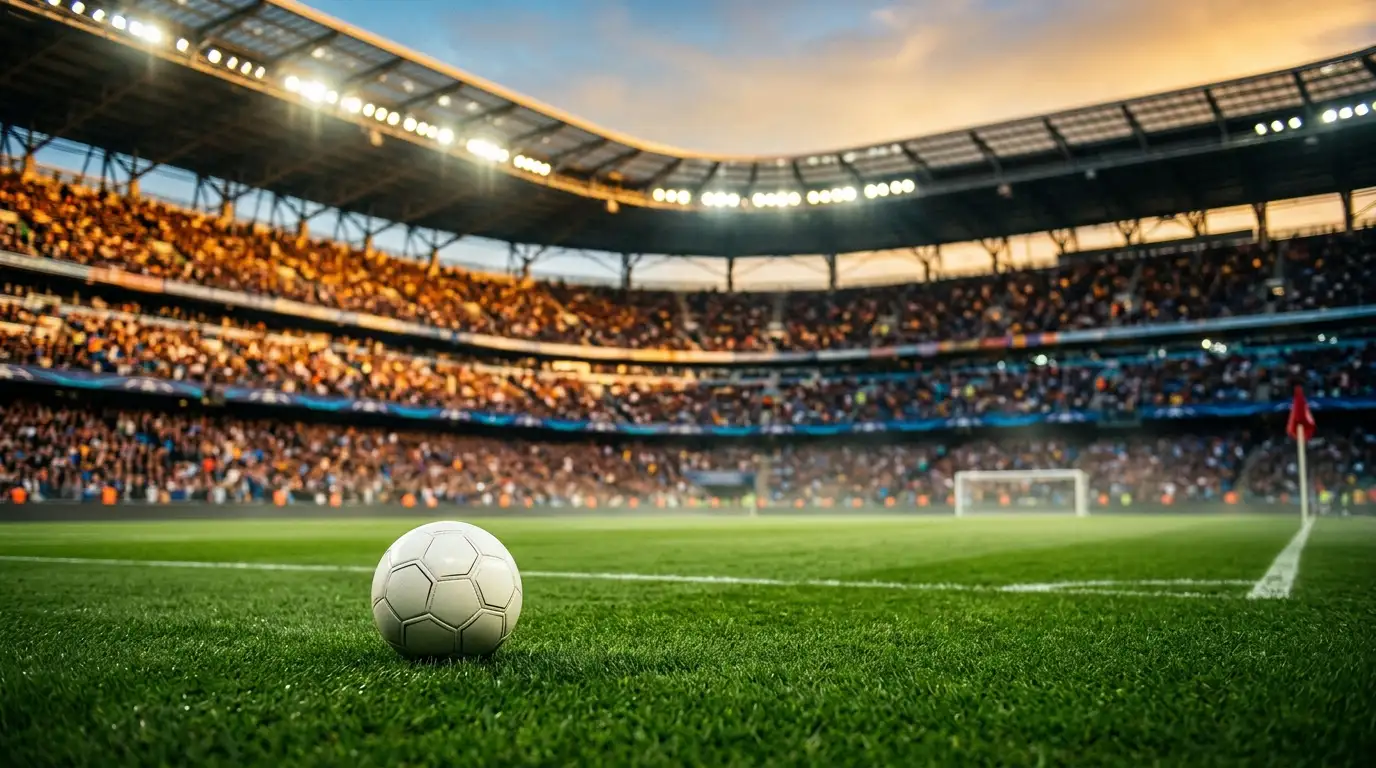 Editorial-Sportfoto eines weitläufigen NFL-Stadions bei Abendlicht, Fokus auf das Spielfeld mit weichen Tribünen-Schatten und gleißenden Flutlichtern, ohne Logos, Flaggen oder erkennbare Buchstaben