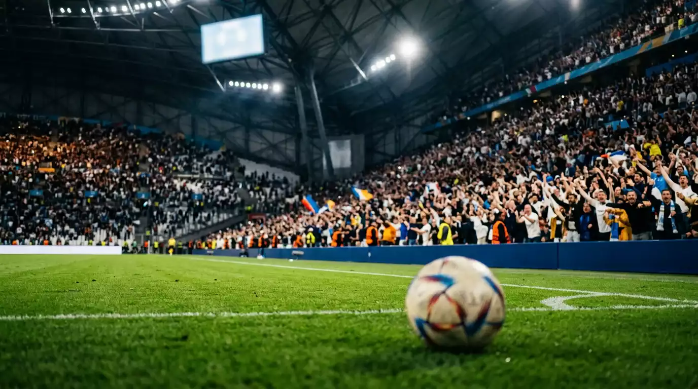 Editorial-Sportfoto einer nächtlichen Stadionszene mit gleißendem Flutlicht und jubelnden Fans nach einem Überraschungssieg bei der WM 2026, ohne Logos oder Flaggen