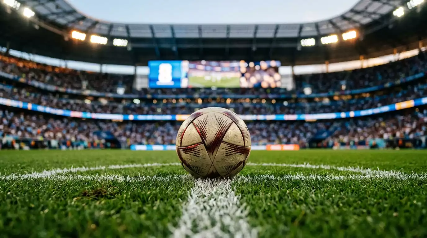 Editorial-Nahaufnahme eines Fußballs auf dem Anstoßpunkt in einem hell beleuchteten Stadion, im Hintergrund eine unscharfe Anzeigetafel, ohne lesbare Zahlen oder Logos