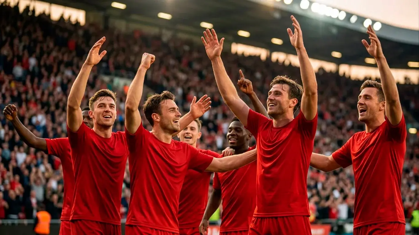 Jubelnde Fußballspieler in schlichten roten Trikots feiern einen späten Treffer in einem vollen Stadion bei der WM 2026