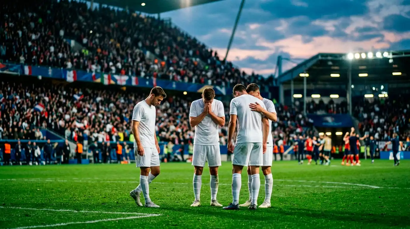 Enttäuschte Fußballspieler in schlichten weißen Trikots nach einem verlorenen Elfmeterschießen in einem vollen Stadion bei der WM 2026