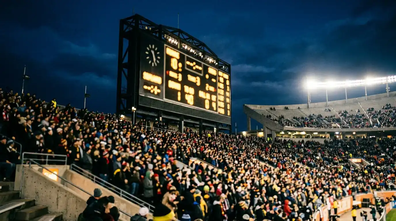 Editorial-Sportfoto einer überdimensionalen Anzeigetafel in einem modernen Fußballstadion mit verschwommenen gelben Ziffern, ohne lesbaren Text oder Logos