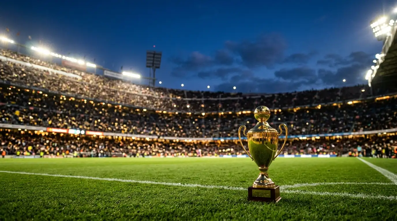 Editorial-Sportfoto eines Fußballstadions bei Dämmerung mit gleißendem Flutlicht und einem Pokal im Vordergrund, ohne Logos, Flaggen oder erkennbare Buchstaben