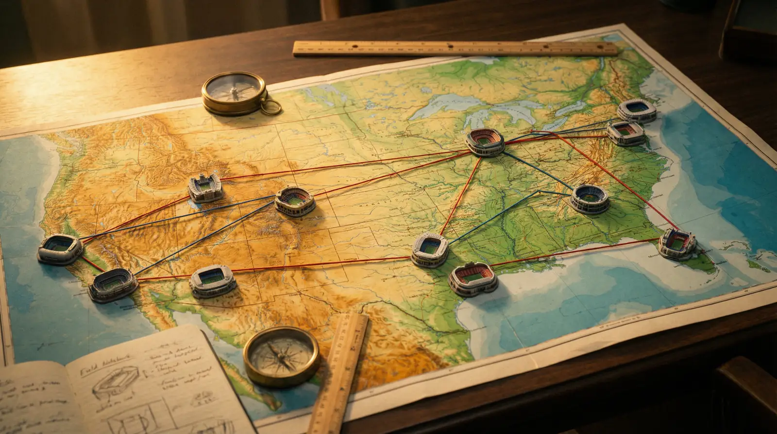 Karte der elf WM-2026-Stadien in den USA mit Standorten von der Ost- bis zur Westküste