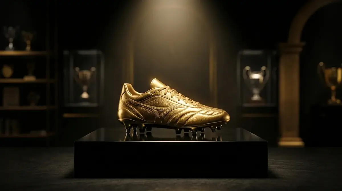 Goldener Fußballschuh auf einem Podest mit Stadionlicht im Hintergrund