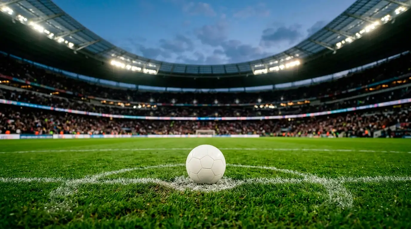 Nahaufnahme eines Spielballs auf dem Anstoßpunkt eines leeren, hell beleuchteten Fußballrasens vor dem Anpfiff bei der WM 2026