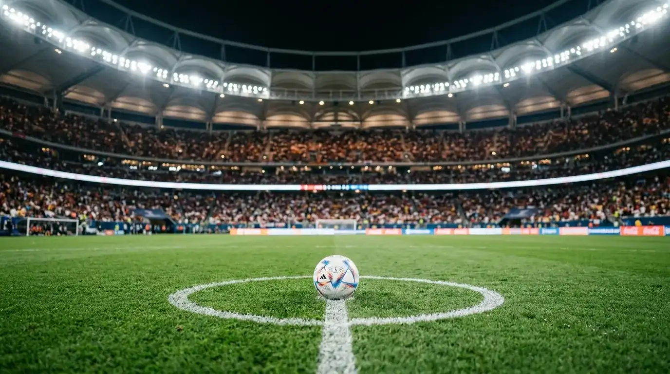 Nahaufnahme eines Spielballs auf dem Anstoßpunkt eines leeren, hell beleuchteten Fußballrasens vor dem Anpfiff bei der WM 2026